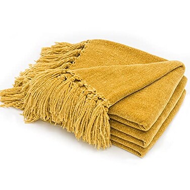 RECYCO Throw Blanket Soft Cozy Chenille Throw Blanket with Fringe Tassel for Couch Sofa Chair Bed Living Room Gift Mustard Yellow 60 x 80