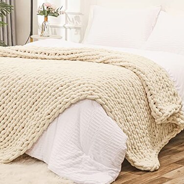 Bigacogo Chunky Knit Throw Blanket for Couch 51x63 inches 100 Hand Knitted with Thick Jumbo Chenille Yarn Cozy Soft Large Rope Knot Cable Crochet Blankets for Sofa Bed Living Room Beige