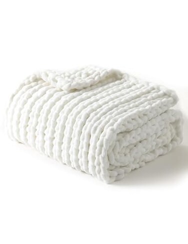 YnM Chunky Throw Blanket MediumWeight Hand Knitted with Chenielle Yarn Skin Friendly Ventilated and Breathable Machine Washable Home Dcor Piece for Couch Sofa and Bed White 50x60 Inch
