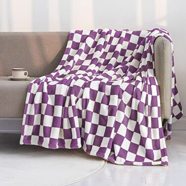 LOMAO Throw Blankets Flannel Blanket with Checkerboard Grid Pattern Soft Throw Blanket for Couch Bed Sofa Luxurious Warm and Cozy for All Seasons Purple 50x60