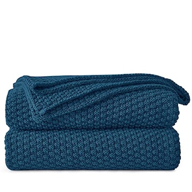 Longhui bedding 100 Cotton Knitted Throw Blanket Blue Soft Cozy Machine Washable 51x63 Perfect for Living Room Couch Sofa Bed or Travel