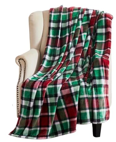 Serafina Home Christmas Holiday Throw Blanket Velvelty Soft Durable Fleece Accent for Bed or Couch Country Rustic Red Green Black and White Tartan Plaid 50 x 60 inches