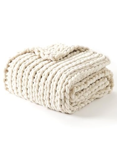 YnM Chunky Throw Blanket Hand Knitted with Chenille Yarn Skin Friendly Ventilated and Breathable Machine Washable Home Dcor Piece for Couch Sofa and Bed Butter Cream 60x80 Inch
