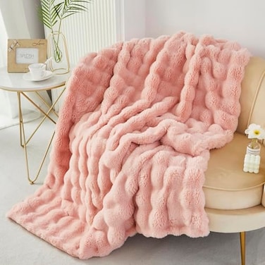 RYNGHIPY Faux Fur Bed Blankets Fluffy Warm Throw Blanket for Sofa Couch Soft Plush Decorative Blanket Thick and Heavy Cute Bubble Furry Blanket Blush 51x63