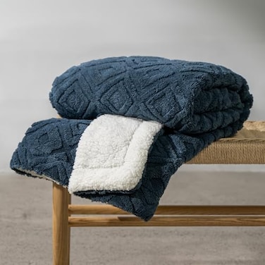 EverGrace Jacquard Boho Sherpa Fleece Throw Blanket for Couch Super Soft Cozy Fuzzy Plush Blankets for All Seasons Reversible Thick Warm Blanket for Bed Sofa Living Room Stormy Blue 50 x 60