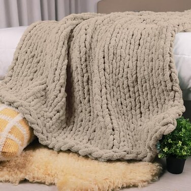 Carriediosa Chunky Knit Throw Blanket 50 X 60 100 Hand Made Large Chenille Loop Yarn Soft Fluffy Throws for Couch Sofa Bed Big Crochet Cozy Heavy Thick Cable Woven Blankets Taupe