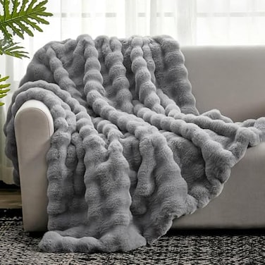 Cozy Bliss Faux Fur Throw Blanket for Couch Fuzzy Soft Plush Thick Bubble Blanket for Sofa Bedroom Living Room50 60 Inches Light Grey