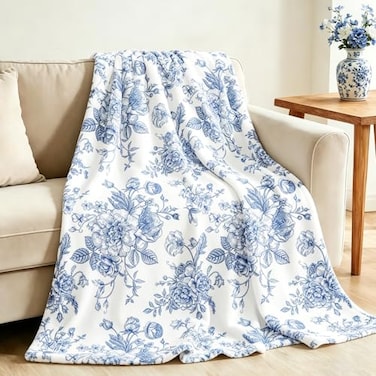JarThenaAMCS Floral Fuzzy Blanket Blue Flowers Throw Blanket Decorative Soft Cozy Flannel Blanket for Home Bed Sofa Couch Chair 50 x 60 Inch