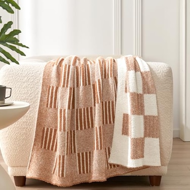 Snuggle Sac Checkered Orange Throw Blanket for FallSuper Soft Reversible Cozy Warm Blanket for Couch Sofa BedroomCute Lightweight Striped Throws for WomenHeather Orange50x60 inches