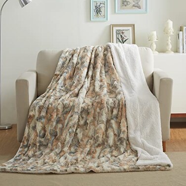 Tache Home Tache 63 x 90 Super Soft Warm Tan Brown Blue Russian Lynx Faux Fur Fluffy White Sherpa Throw Blanket