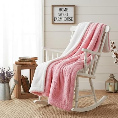 DaDa Bedding Luxury Faux Fur Throw Blanket Non Shedding Machine Washable Fluffy Super Cuddly Soft Roses Sherpa Backside Warm Plush for Lap or Sofa Bright Vibrant Pink White 50 x 60