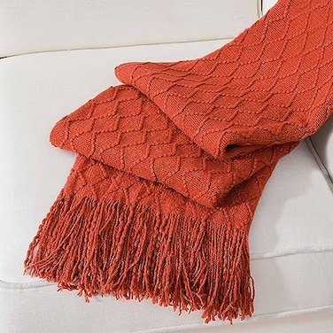 BATTILO HOME Rust Throw Blanket for Couch 50 x 60 Acrylic Knit Woven Summer Blanket Lightweight Decorative Soft Nap Throw with Tassel for Chair Bed Sofa Travel Picnic Suitable for All Seasons