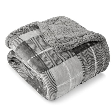 PAVILIA Light Grey Plaid Sherpa Throw Blanket for Couch Plush Flannel Fleece Soft Fuzzy Cabin for Sofa Bed Warm Cozy Winter Gift 50x60
