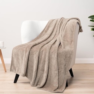 PAVILIA Soft Fleece Taupe Tan Throw Blanket for Couch Lightweight Plush Warm Blankets for Bed Fuzzy Cozy Flannel Blanket Throw for Sofa Travel Jacquard Pattern TaupeCamel 50x60 inch
