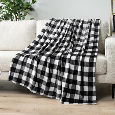 PAVILIA Black and White Buffalo Plaid Fleece Throw Blanket for Couch Soft Checkered Flannel Blanket for Sofa Plaid Christmas Couch Throw Bed Warm Cozy Decorative Blanket Fall Decor Gift 50x60