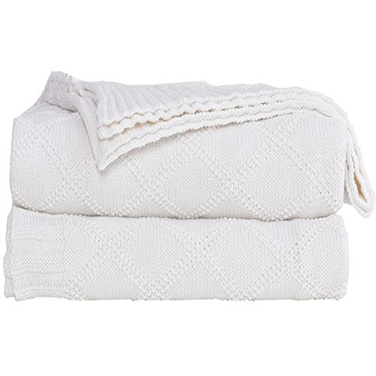 JSHANMEI Cotton Knit White Throw Blanket for Couch Sofa Bed Home Decorative Soft Cozy Sweater Woven Fall Throw Blanket