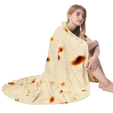 Admitrack Burrito Tortilla Blanket 60in Double Sided Super Soft Flannel Throw Gag Novelty Tortilla White Elephant Gift for Christmas Adults Kids Couples Parties