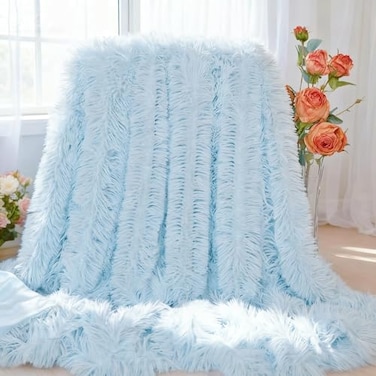 MYRU Plush Super Soft Blanket Bedding Sofa Cover Furry Fuzzy Fur Warm Throw Qulit Cozy Couch Blanket for Winter 51x63 Light Blue