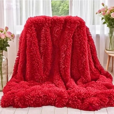 MYRU Plush Super Soft Blanket Bedding Sofa Cover Furry Fuzzy Fur Warm Throw Qulit Cozy Couch Blanket for Winter 51x63 InchesThrow Pure Red