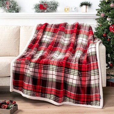 PAVILIA Red Green Christmas Plaid Sherpa Throw Blanket Holiday Fleece Blanket 50 x 60 Soft Flannel Plush Throw for Couch Sofa Bed Festive Winter Home Decor Cozy