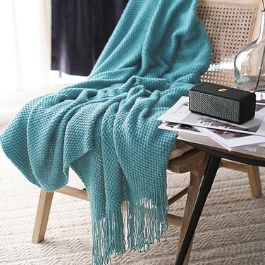 LOMAO Knitted Throw Blanket with Tassels Bubble Textured Lightweight Throws for Couch Cover Home Decor Lake Blue 50x60
