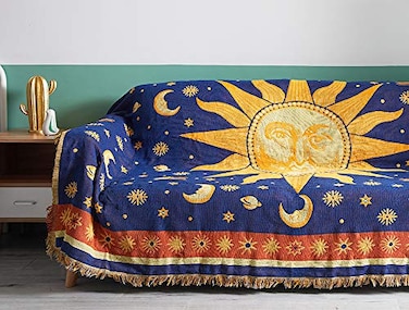 Erke 70 x 90 Sun and Moon Blanket Celestial Couch Sheet Cover Witchy Hippy Home Decoration Double Sided Cotton Woven Hippie Throws Wicca Blankets for Couch Bed Recliner Decor YellowBlue