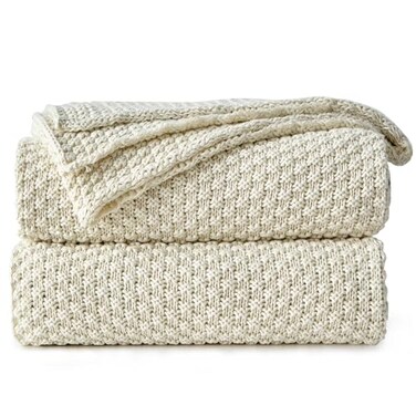 Longhui bedding 100 Cotton Knitted Throw Blanket Cream Soft Cozy Machine Washable 51x63 Perfect for Living Room Couch Sofa Bed or Travel