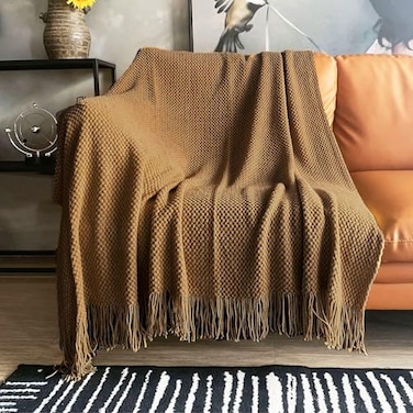 LOMAO Knitted Throw Blanket with Tassels Bubble Textured Soft Blanket Lightweight Warm Throws for Couch Cover Home Decor Khaki 50x60