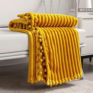 DISSA Fleece Blanket Queen Size 90x90 Yellow Soft Plush Fluffy Fuzzy Warm Cozy Perfect Throw for Couch Bed Sofa with Pompom Fringe Flannel Blanket