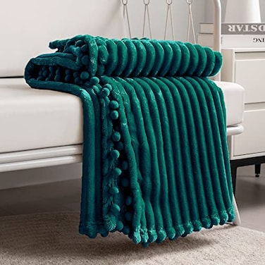 DISSA Fleece Blanket Queen Size 90x90 Green Soft Plush Fluffy Fuzzy Warm Cozy Perfect Throw for Couch Bed Sofa with Pompom Fringe Flannel Blanket