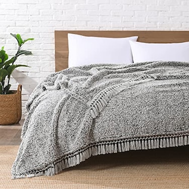 HORIMOTE HOME Ultra Soft Fleece Sherpa Blanket Queen SizeLightweight Cozy Boho Bed Blanket with Decorative Tassel Pattern Reversible 2 Tones Ombre Black 90x90