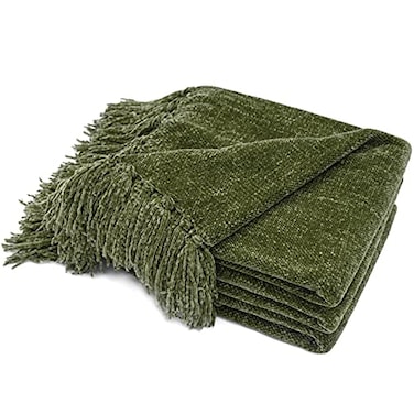 RECYCO Throw Blanket Soft Cozy Chenille Throw Blanket with Fringe Tassel for Couch Sofa Chair Bed Living Room Gift Loden Green 60 x 80