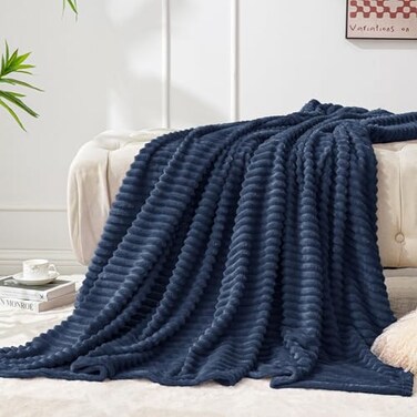 BEDELITE Fleece Throw Blanket for Couch 3D Ribbed Jacquard Soft and Warm Decorative Fuzzy Blanket Cozy Fluffy Plush Lightweight Navy Blue Throw Blankets for Bed Sofa 50x60 inches