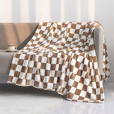 LOMAO Throw Blankets Flannel Blanket with Checkerboard Grid Pattern Soft Throw Blanket for Couch Bed Sofa Luxurious Warm and Cozy for All Seasons Khaki 60x80