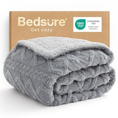 Bedsure Gentlesoft Sherpa Fleece Easter Blanket Twin Size for Bed Fluffy Cozy Cable Jacquard Tufted for Women Gift Thick and Warm Blanket for Winter Grey 60x80 Inches