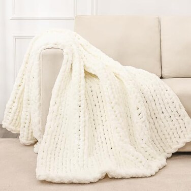 Bigacogo Chunky Knit Throw Blanket for Couch 51x63 inches 100 Hand Knitted with Thick Jumbo Chenille Yarn Cozy Soft Large Rope Knot Cable Crochet Blankets for Sofa Bed Living Room Ivory