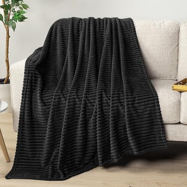 PAVILIA Super Soft Fleece Throw Blanket Black Luxury Fuzzy Plush Flannel Throw Warm Cozy Ribbed Microfiber Blanket for Sofa Couch Bed Lightweight Striped Blanket Black 50x60