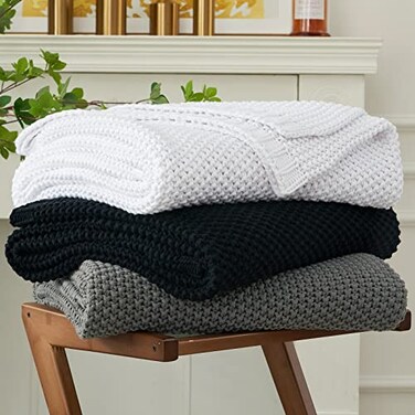 Longhui bedding Chunky Cable Knit Throw Blanket Lightweight White 100 Organic Cotton Blanket for Sofa Couch Bed Baby Nursery Rustic Shabby Chic Modern Farmhouse Pure White 51 x 63 Give Laundering Bag