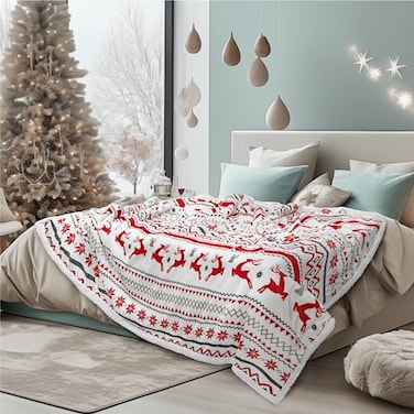 PAVILIA Red White Snowflake Reindeer Christmas Sherpa Throw Blanket Soft Reversible Fleece Sherpa 60x80 Winter Blanket for Couch Bed Christmas Decor