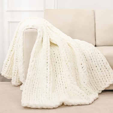 Bigacogo Chunky Knit Throw Blanket for Couch 40x80 inches 100 Hand Knitted with Thick Jumbo Chenille Yarn Cozy Soft Large Rope Knot Cable Crochet Blankets for Sofa Bed Living Room Ivory