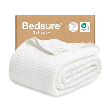 Bedsure 100 Cotton Throw Blanket for Couch 50x70 inches Cooling Breathable and Soft for Summer Waffle Weave Throw Blanket for Office White