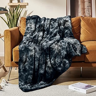 MOOFUN Faux Rabbit Fur Throw Blanket 60 x 80 inches Soft Fluffy Cozy Warm Fuzzy Machine Washable Durable Luxurious Blanket for Couch and Bed Black