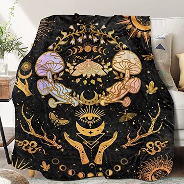 GOOMI Mushroom Decor Moth Moon Blanket Witch Gifts for Women Zodiac Witchy Hippie Fleece Blanket Gothic Gifts Sun Moon Throws Blanket 60x 50