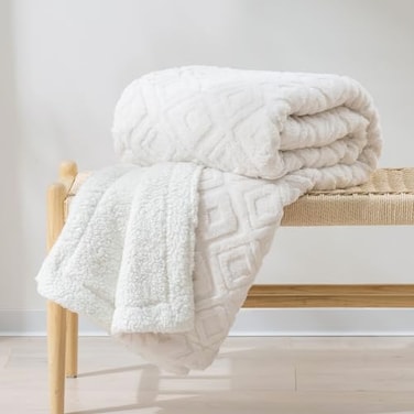 EverGrace Jacquard Boho Sherpa Fleece Throw Blanket for Couch Super Soft Cozy Fuzzy Plush Blankets for Winter Reversible Thick Warm Blanket for Bed Sofa Living Room Off White 50 x 60