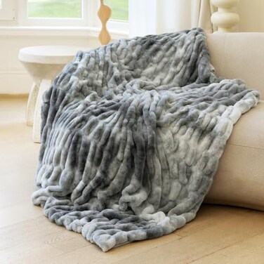 blunique Faux Rabbit Fur Throw Blanket Ultra Soft Plush Cozy Blanket for Couch Bed Thick Fluffy Ruched TieDye Decorative Blanket Giftable 50x60TieDye Gray