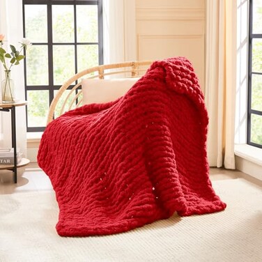 L'AGRATY LAGRATY Chunky Knit Blanket Throw Soft Chunky Throw Blankets 40x50 100 Hand Kintted Chenile Crochet Large Cable Knit Blanket Rope Knot Throw Blankets for Couch Home DecorRed