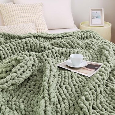 Admitrack Chunky Knit Blanket Throw 100 Hand Knit Chenille Throw Blanket for Sofa Home Decor Soft and Cozy Knitted Throw Blankets Sage Green51x63