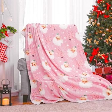 JarThenaAMCS Christmas Fuzzy Blanket 60 x 50 Inch Pink Santa Clause Xmas Tree Throw Soft Warm Winter Blanket for Home Chair Sofa Couch Bed