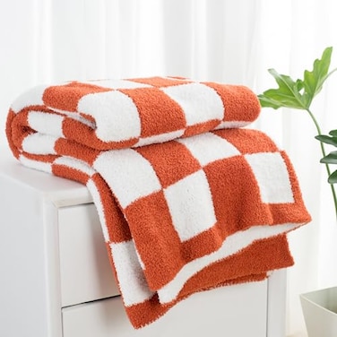 Carriediosa Checkered Throw Blanket 50 X 60 400GSM Ultra Soft Microfiber Fuzzy Fluffy Reversible Cute Preppy Knitted Blankets Cozy Plush Fall Throws for Couch Bed Sofa Rust