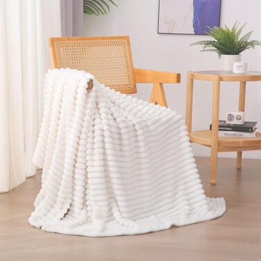 Linecooo Cream White Fleece Throw Blanket 5060 for Couch Sofa BedSuper Soft Cozy Plush Microfiber Flannel Blanket with Stripes Design Lightweight for AdultsWomanGirls